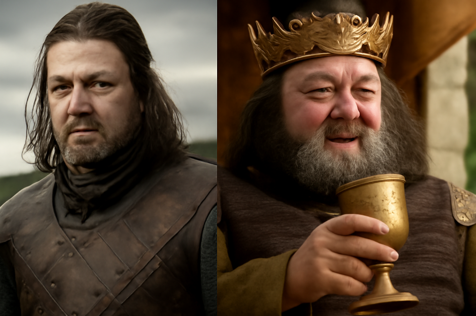 Split-image featuring Ned Stark as a serious, honorable leader in armor on the left, and Robert Baratheon enjoying a relaxed, pleasure-filled moment on the right, contrasting duty with indulgence.
