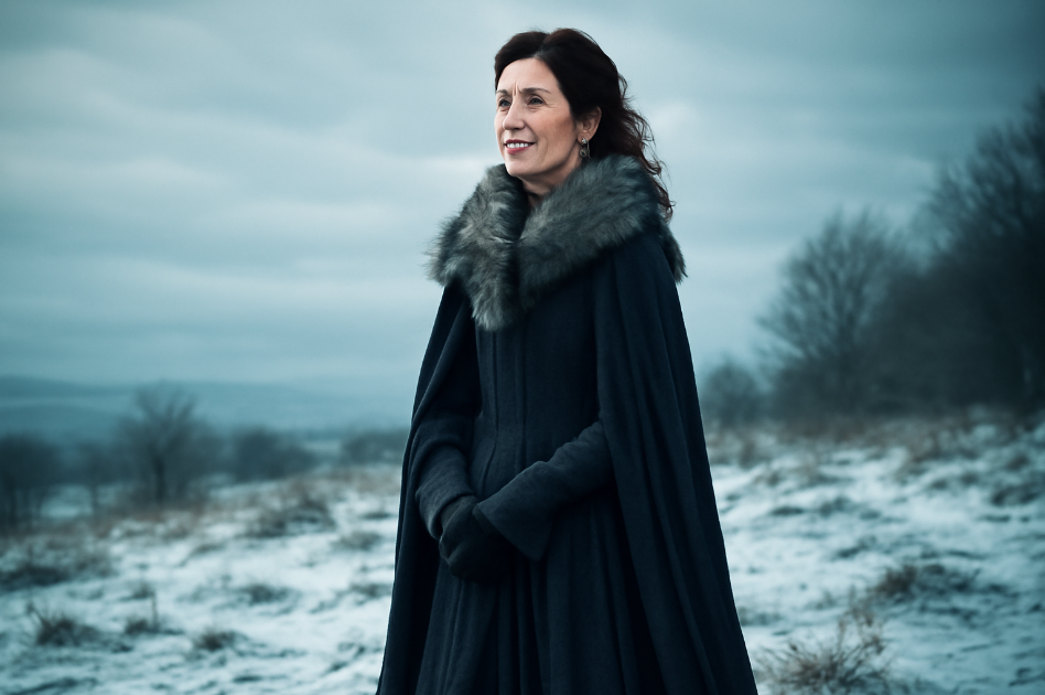 Catelyn Stark, portrayed by Michelle Fairley, standing in a cold, wintry landscape with a serious expression, wearing a dark cloak with fur, symbolizing resilience and strength through adversity." 