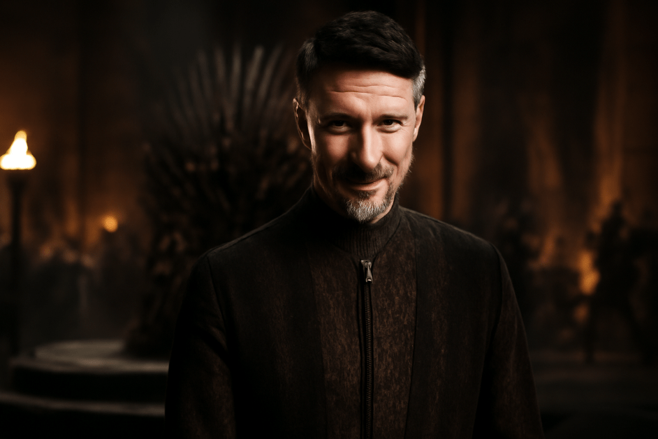 Littlefinger from Game of Thrones standing confidently in the Iron Throne room, wearing a dark, richly detailed doublet. His sly, calculating expression contrasts with the chaotic, dimly lit background of the room, subtly reflecting the tension and power dynamics of Westeros." 