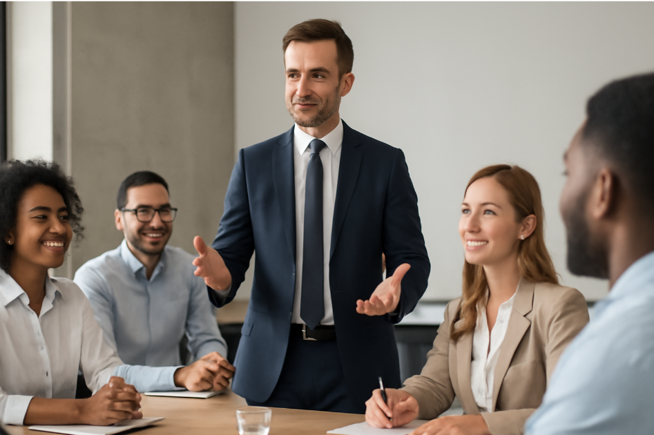A professional leader in a navy suit addressing a diverse team in a modern meeting room. The team, consisting of individuals from various backgrounds, listens attentively, displaying expressions of trust, respect, and collaboration. The image captures a positive and engaging atmosphere, highlighting strong communication and leadership in a contemporary workplace.