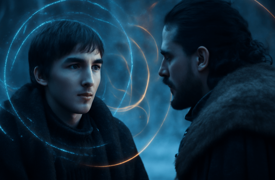 Bran Stark and Jon Snow in a mystical conversation, with swirling visions of time and energy surrounding them, symbolizing Bran’s cryptic, non-linear communication." 
