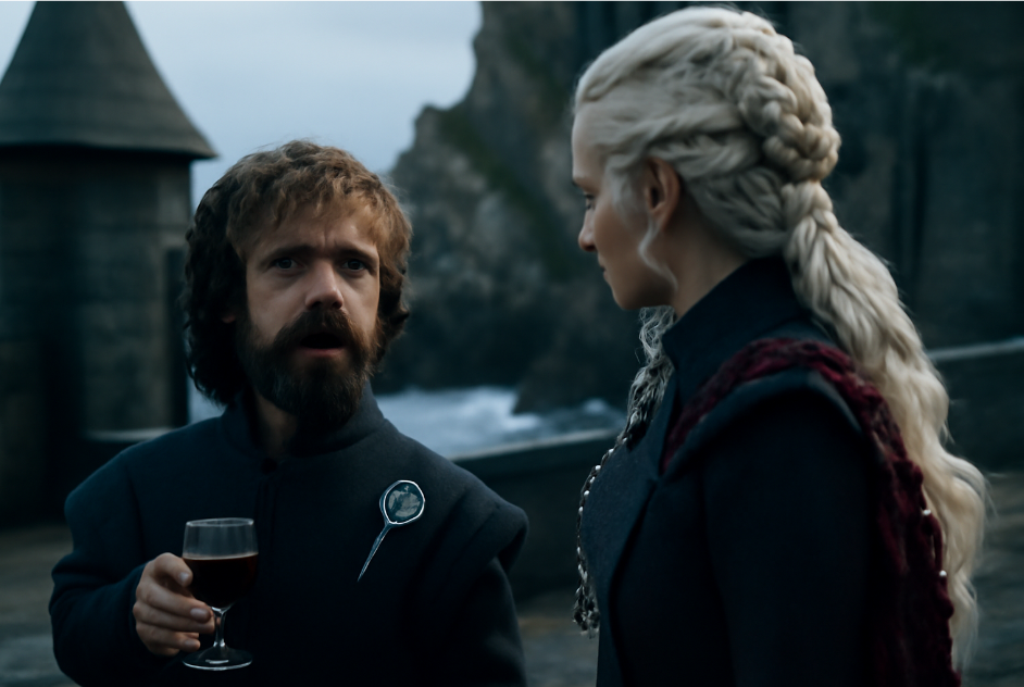 Tyrion Lannister holding a glass of wine while talking to Daenerys Targaryen at Dragonstone, with a humorous yet serious expression. The background features the iconic stone walls and coastal view of the fortress