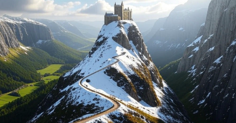 The Eyrie castle perched on a sharp, snow-covered mountain peak with steep cliffs, offering a panoramic view of lush green forests and valleys below, a winding narrow mountain path leading up, dramatic lighting, fantasy landscape inspired by Game of Thrones. steep cliffs, offering a panoramic view of lush green forests and valleys below, a winding narrow mountain path leading up, dramatic lighting, fantasy landscape inspired by Game of Thrones.