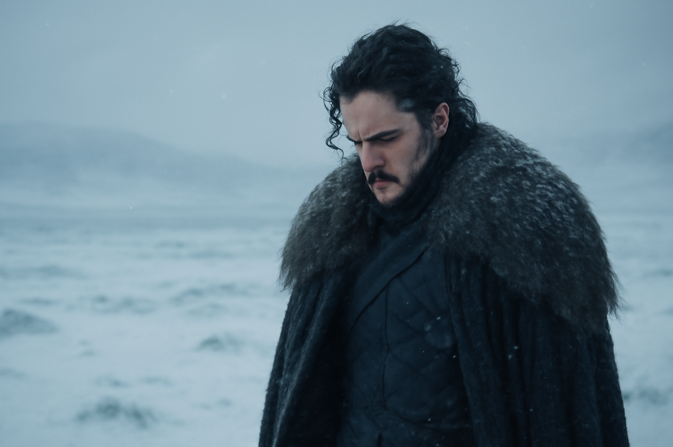 Jon Snow standing alone in a vast, snowy wilderness, deep in thought. The somber atmosphere captures the reflective mood of sacrifice and honor, with snow gently falling around him. Dressed in a dark fur cloak, he faces the cold, empty landscape, symbolizing his solitude and internal conflict.