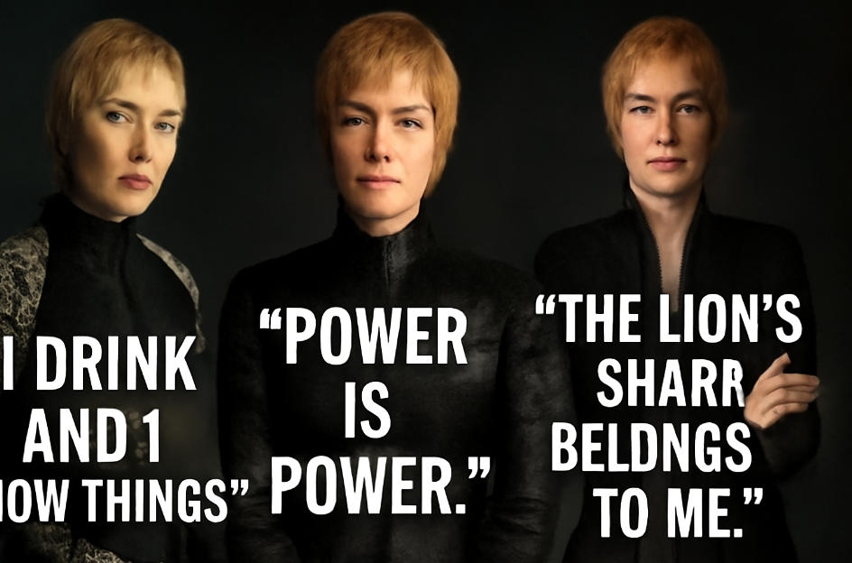 Collage of Cersei Lannister (Lena Headey) in powerful poses with bold text overlays of her iconic quotes: 'I drink and I know things,' 'Power is power,' and 'The lion’s share belongs to me.