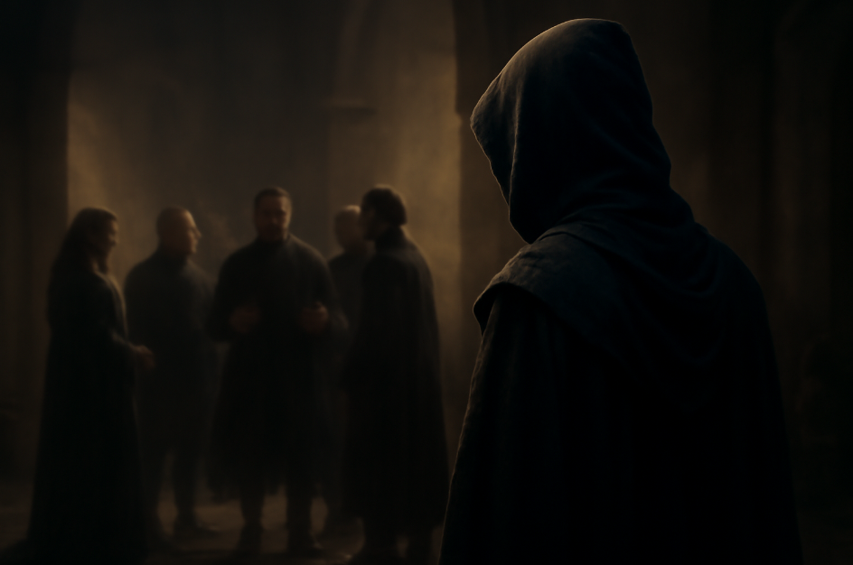 A mysterious hooded figure standing in the shadows, observing a group of people in dark attire, symbolizing subtle influence and power in a medieval setting.
