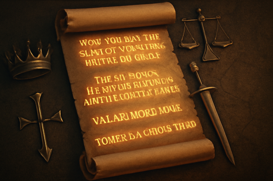 Fantasy-style digital illustration featuring an ancient scroll with glowing Game of Thrones quotes. The scroll is surrounded by symbols of power and justice, including a crown, scales, and a sword, set against a dark, textured background