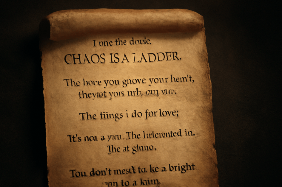 An aged parchment scroll featuring the iconic quote 'Chaos is a ladder' from Littlefinger in Game of Thrones, with frayed edges and illuminated text on a dark background.
