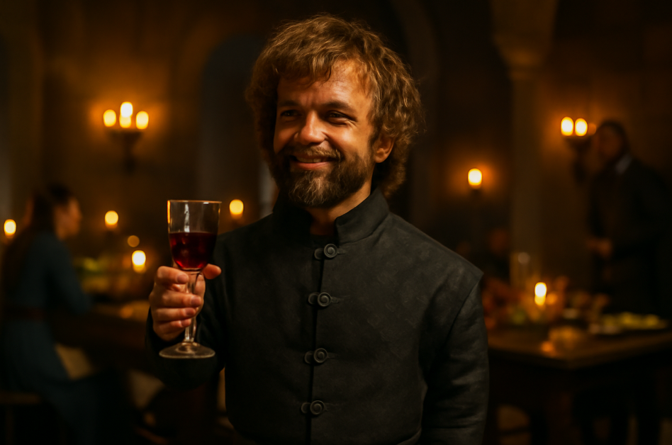 Tyrion Lannister holding a glass of wine with a mischievous smirk, standing in a warm, candlelit medieval banquet hall, embodying his wit and humor in a lively social setting.
