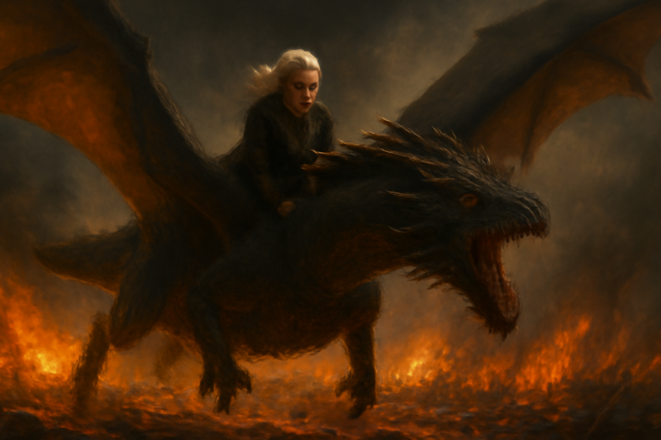 Daenerys Targaryen from Game of Thrones standing strong and resolute, holding a sword in a dark, desolate setting. Her platinum hair shines softly in the faint light behind her, symbolizing her unwavering strength and leadership. The dramatic, shadow-filled background highlights her determination and focus in the face of adversity.