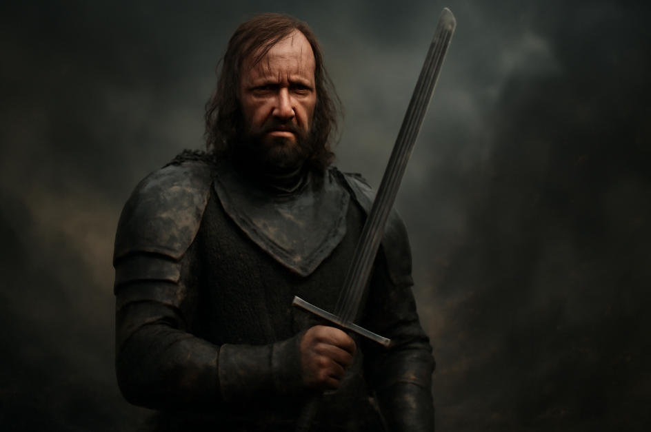 Rugged and scarred warrior Sandor Clegane (The Hound) standing with a sword in a defensive stance, set against a dark, dramatic background, reflecting his inner moral conflict in Game of Thrones.
