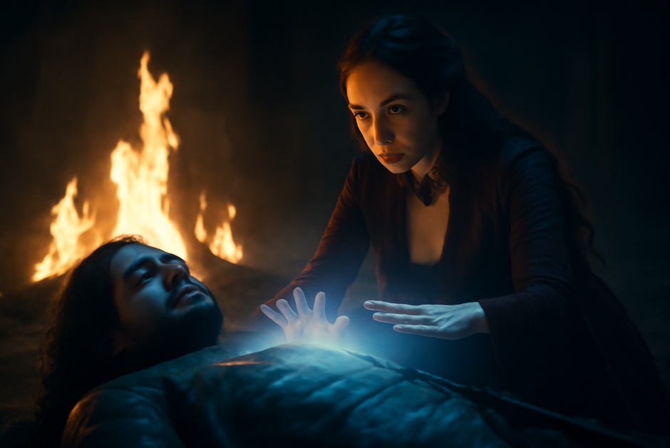 Melisandre performing the resurrection ritual over Jon Snow, with glowing ethereal light emanating from her hands. The scene is bathed in firelight, symbolizing the mystical energy as Jon is brought back to life.