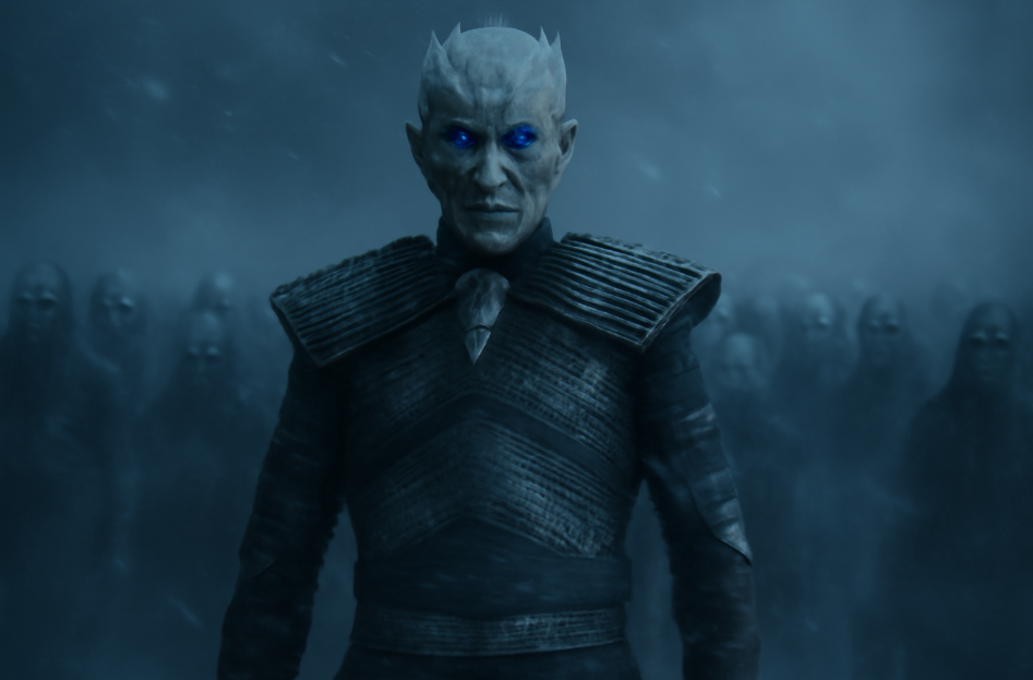 Night King from Game of Thrones standing tall in a snowy, misty landscape, with glowing blue eyes and his army of wights in the background, creating an ominous atmosphere
