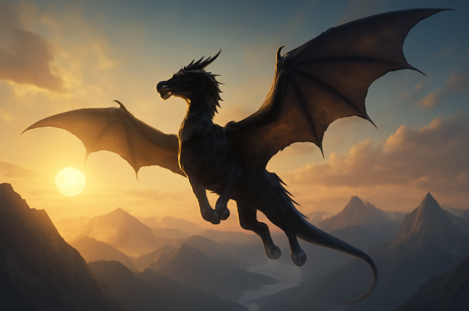 Majestic dragon soaring above mountains, bathed in sunlight, symbolizing freedom, strength, and personal empowerment. The dragon's powerful form contrasts against the breathtaking landscape, evoking a sense of overcoming obstacles and personal growth