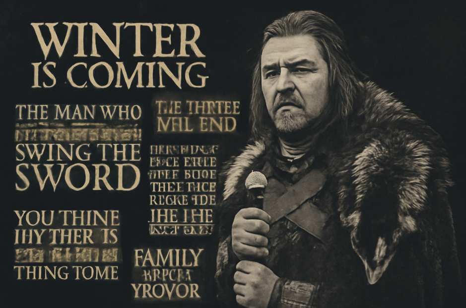 Black and white digital portrait of Eddard 'Ned' Stark from Game of Thrones, featuring his iconic phrases like 'WINTER IS COMING' and 'THE MAN WHO PASSES THE SENTENCE SHOULD SWING THE SWORD'. The portrait is accompanied by distressed text set against a textured background, emphasizing his solemn character and leadership.