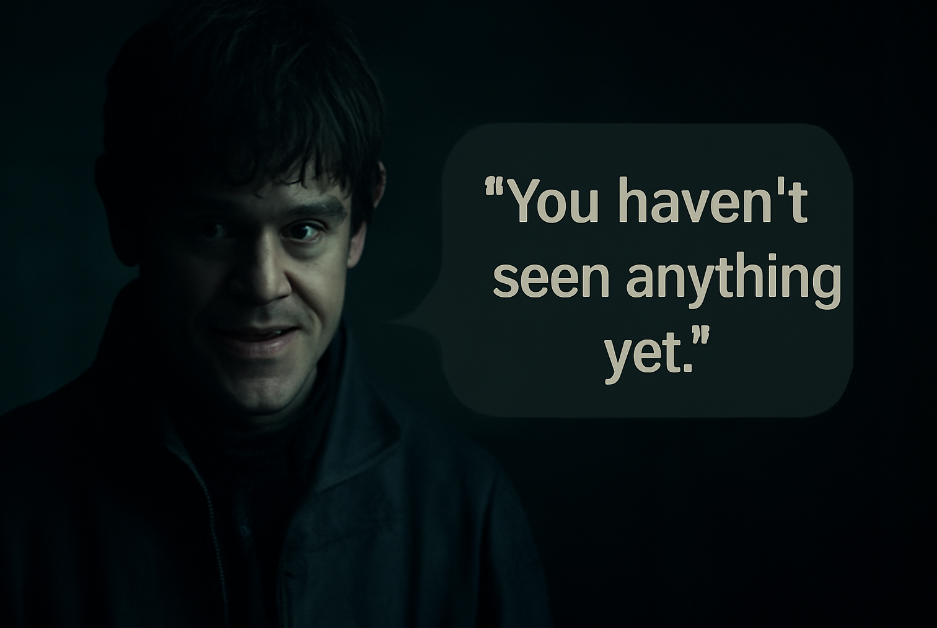 Ramsay Bolton in a dark room, with a calm yet menacing expression, speaking his chilling quote 'You haven’t seen anything yet.' The image highlights his psychological control and the eerie atmosphere.