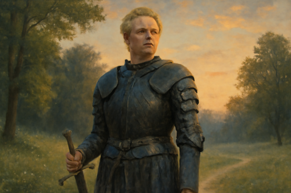 Brienne of Tarth standing resolutely in a serene forest at sunset, her battered armor reflecting her strength and resilience. Holding a longsword, she gazes into the horizon, embodying inner peace and determination.
