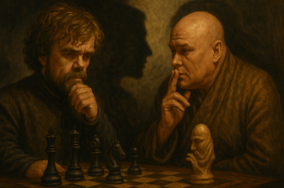 Tyrion Lannister and Varys deep in thought over a chessboard, with Tyrion symbolizing strategy through chess pieces and Varys embodying secrecy through whispering shadows—highlighting their contrasting power dynamics in Game of Thrones. 