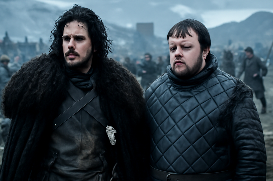 Jon Snow leading a group with Samwell Tarly standing by his side, offering emotional support. The snowy, battle-worn backdrop of the Night’s Watch highlights Jon’s leadership while Sam provides unwavering trust and loyalty. 