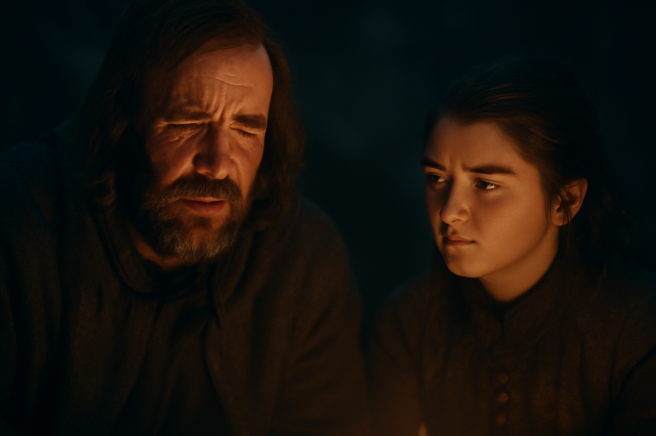The Hound and Arya Stark sitting by a campfire in a dark, foggy forest at night. The Hound speaks with a pained expression, while Arya listens intently with a compassionate gaze, their faces illuminated by the warm glow of the fire.
