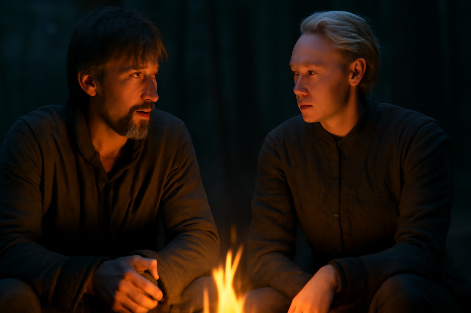 Jaime Lannister and Brienne of Tarth sitting by a campfire in a dark forest, with warm light illuminating their faces. Jaime speaks openly while Brienne listens attentively, both without armor. 