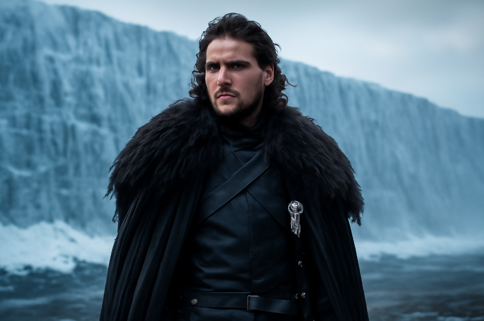 "Jon Snow standing tall in the cold winds of the North, with the towering Wall behind him, wearing a fur cloak and displaying a resolute, commanding expression.