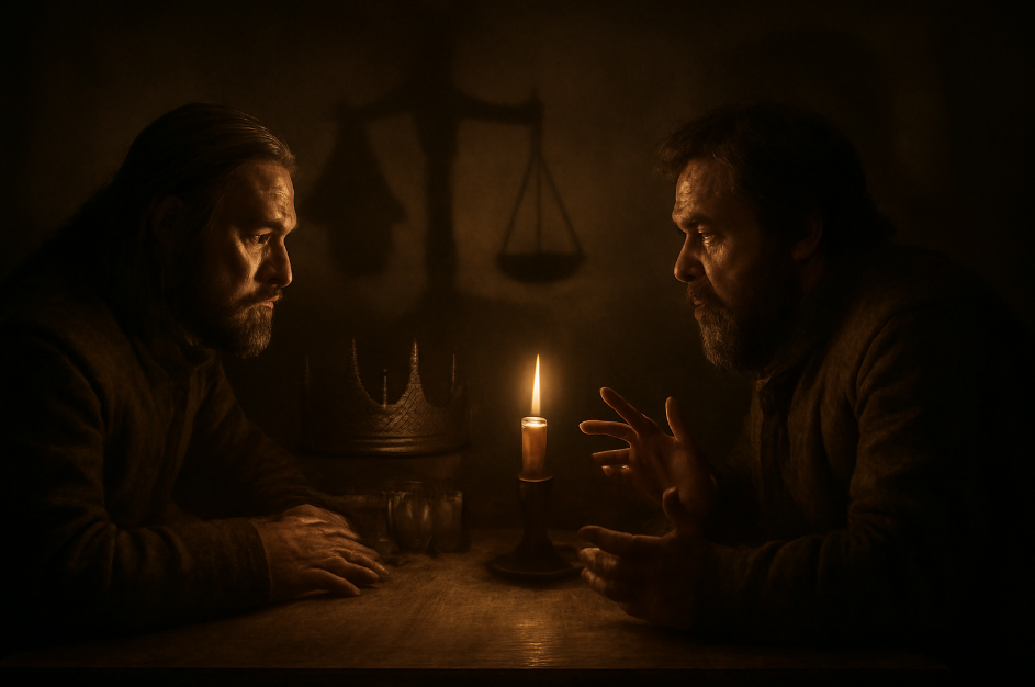 Two figures engaged in an intense conversation in a dimly lit room, with symbolic elements like a crown, scales of justice, and shadows representing the burden of leadership
