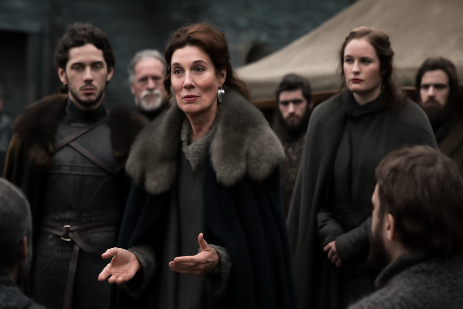 Catelyn Stark (Michelle Fairley) delivering a compassionate yet firm speech to her family and soldiers, standing confidently in a medieval setting. She wears a fur-collared cloak, with a serious yet empathetic expression, surrounded by attentive listeners." 
