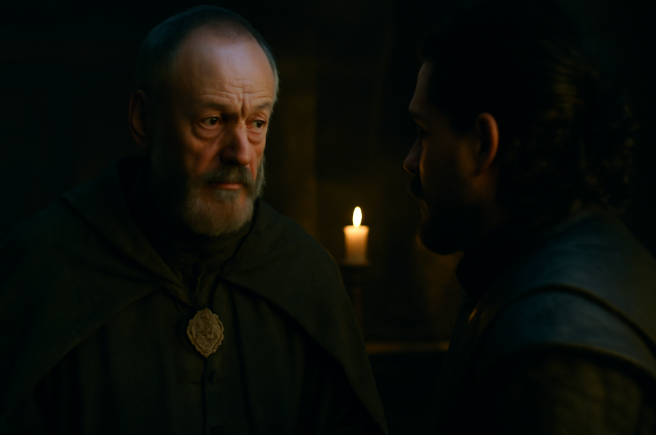  dramatic scene from Game of Thrones featuring Davos Seaworth and Jon Snow in a serious conversation in a dimly lit room. The atmosphere is tense, illuminated by a single candle, highlighting their focused expressions. Davos, dressed in his iconic dark cloak, shows loyalty and concern, while Jon listens intently, reflecting the deep bond between the characters in this pivotal moment.
