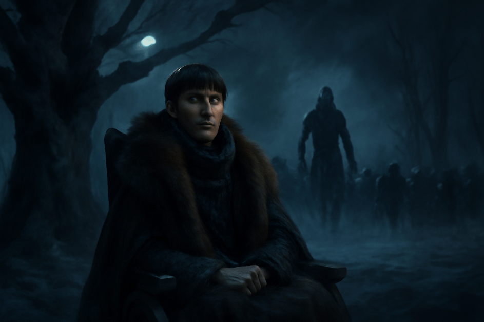 Bran Stark seated in the godswood, surrounded by a misty, moonlit landscape, as the Night King’s army of wights approaches, symbolizing his role as bait in the Battle of Winterfell." 