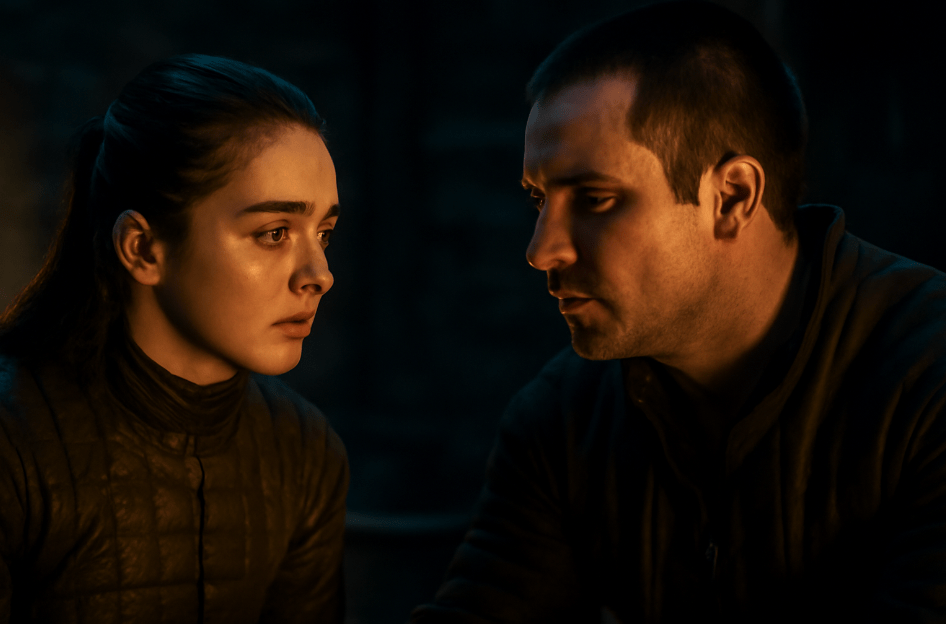 Arya Stark and Gendry sharing a quiet, meaningful conversation in a dimly lit stone chamber. Both have serious, emotionally connected expressions, with soft light illuminating their faces. The dark, tense atmosphere of Westeros surrounds them, symbolizing their deep bond and mutual understanding