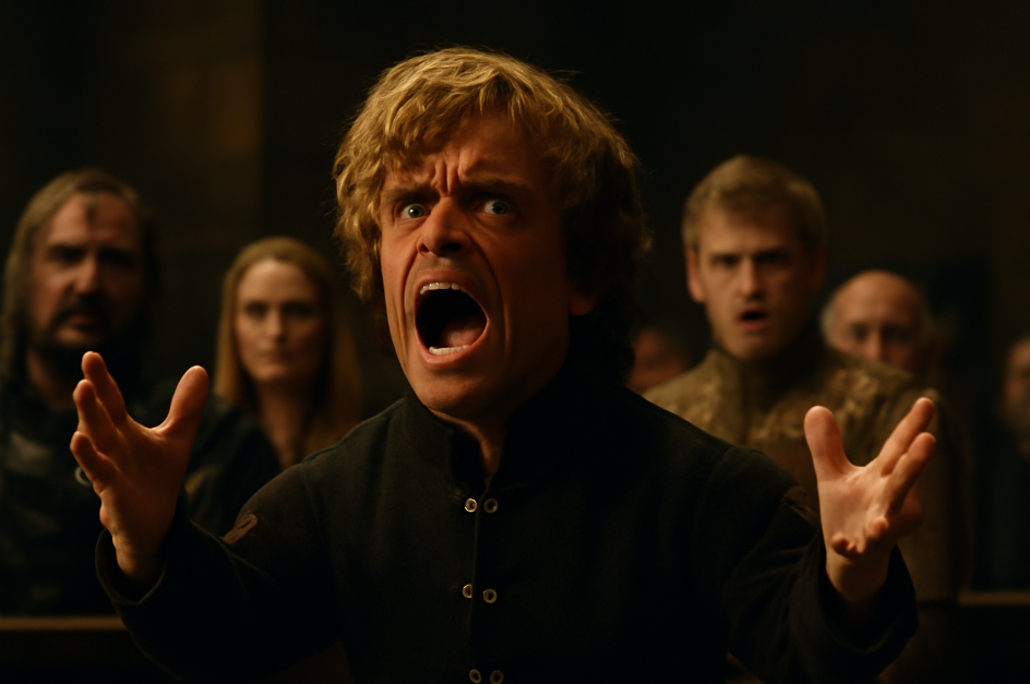 Tyrion Lannister delivering a passionate and defiant speech in a medieval courtroom from Game of Thrones, with hands raised and a fierce expression. The courtroom is dark, with other characters like Cersei and Joffrey in the background, reacting in shock and disbelief.
