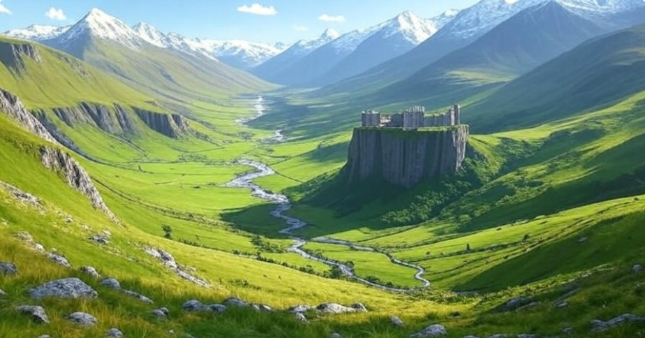 A stunning aerial view of the Vale of Arryn from Game of Thrones, showcasing lush green valleys, snow-capped mountains, a winding river, and the Eyrie castle perched high under clear blue skies, hyper-detailed fantasy landscape, cinematic style, 16:9 aspect ratio.