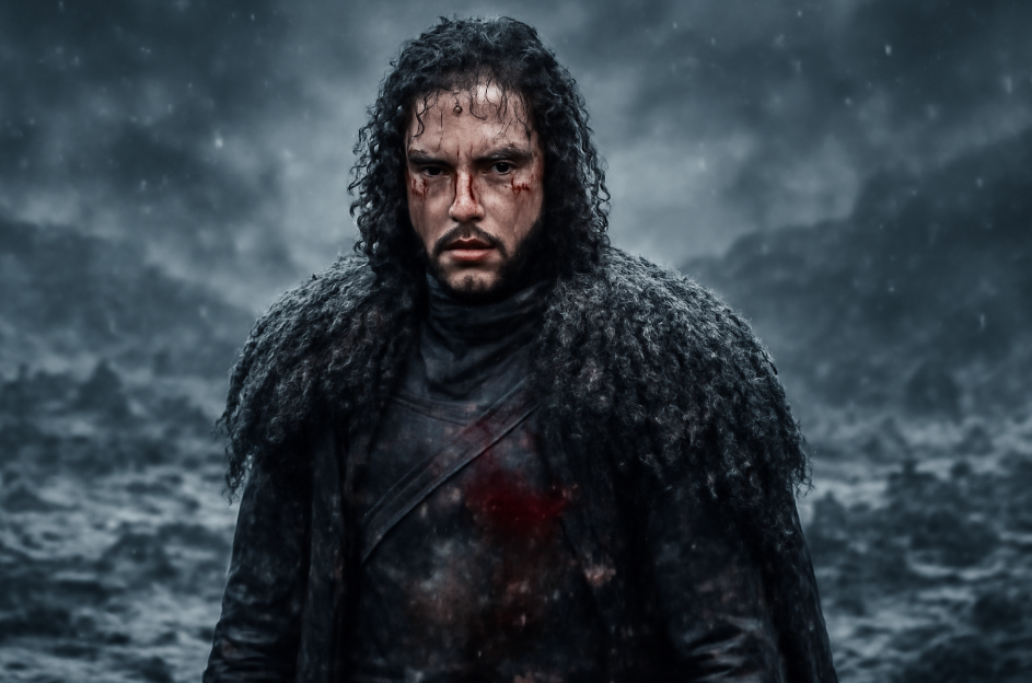 Jon Snow battle-worn with scars and blood, standing resiliently in a snowy battlefield