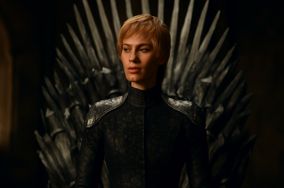 Cersei Lannister (Lena Headey) standing confidently in front of the Iron Throne, looking thoughtful and strategic, with a dark, regal background symbolizing her ambition.
