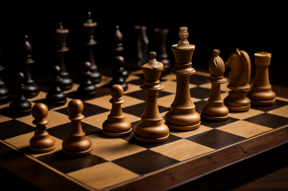 Close-up of a chessboard with strategically arranged pieces, illuminated by dramatic lighting, symbolizing long-term strategy and intellectual planning.

