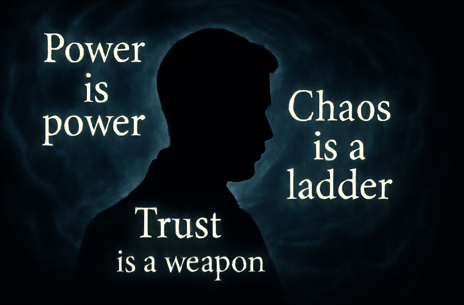 Silhouette of Littlefinger surrounded by glowing words like 'Power is power', 'Chaos is a ladder', and 'Trust is a weapon', set against a dark, misty background symbolizing strategy and manipulation.