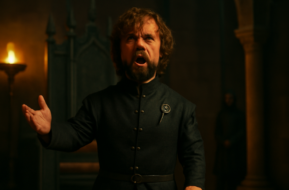Tyrion Lannister passionately delivering a speech in a grand throne room, with a bold expression and assertive posture, highlighted by dramatic lighting that emphasizes his intellect and power.