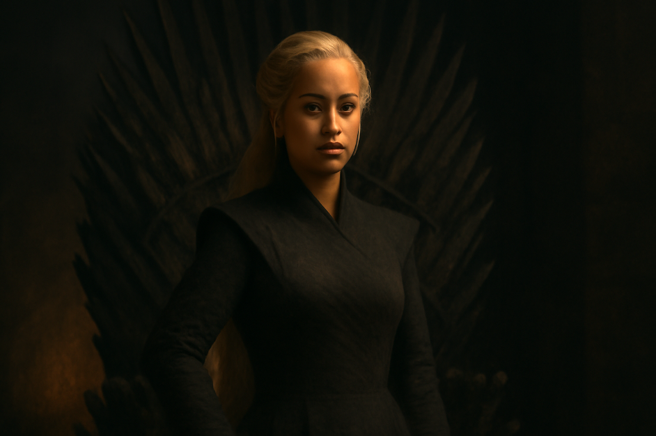 Daenerys Targaryen riding Drogon over a fiery battlefield in Game of Thrones. With a determined expression, she commands the dragon as it soars above the flames and destruction, symbolizing her strength and unwavering commitment to her destiny. The dark, smoke-filled sky contrasts with the intense heat and fire below, highlighting her role as a leader in the fight for justice.