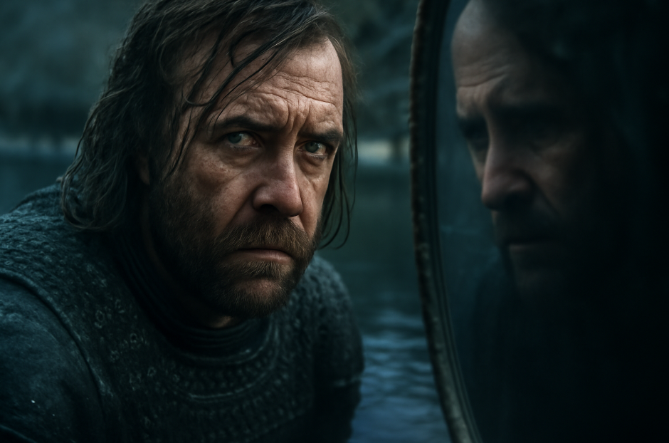 Sandor Clegane (The Hound) looking at his reflection in a dark, still pool of water, with a grim and cynical expression, symbolizing his internal conflict and harsh worldview in Game of Thrones.