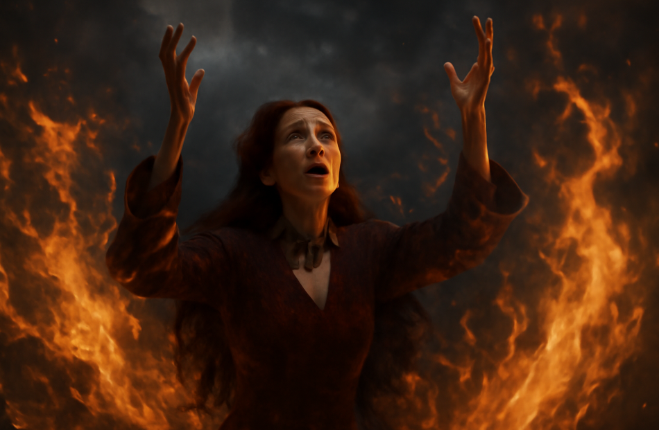 Melisandre standing in front of a dark sky, raising her arms in desperation as chaotic flames swirl around her. Her anguished expression symbolizes her blind faith and misinterpretation of prophecy.