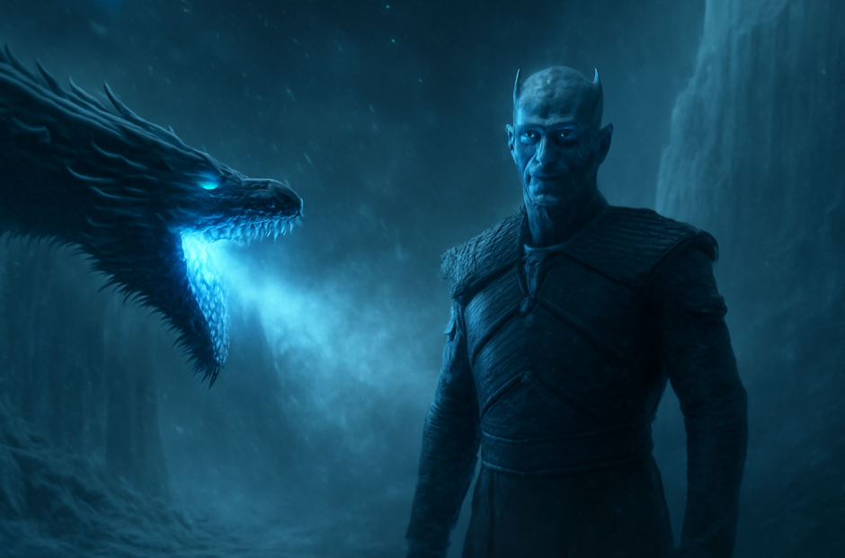 Night King from Game of Thrones commanding Viserion, the dragon with glowing blue eyes, breathing ice towards the Wall, with the Night King's eerie gaze and the Wall breaking apart in the background.