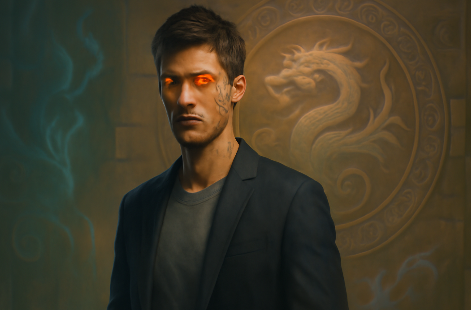Modern-day person with glowing eyes and dragon tattoos, standing confidently in front of a stone wall featuring an intricate dragon carving. The image symbolizes the application of ancient wisdom and strength in overcoming modern challenges.