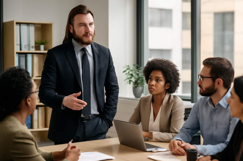 Professional office meeting where a confident leader, dressed in a suit, is addressing a diverse team around a conference table. The team listens attentively, showing a modern office environment with large windows, minimalistic decor, and an urban backdrop.