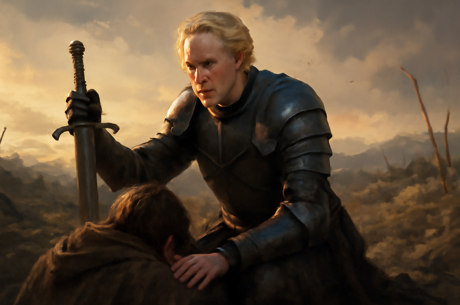 Brienne of Tarth kneeling beside a fallen comrade on a war-torn battlefield, offering protection with a determined yet soft expression. Her battered armor and raised sword symbolize her unwavering loyalty and sacrifice, with a warm sunset glow illuminating the scene.

