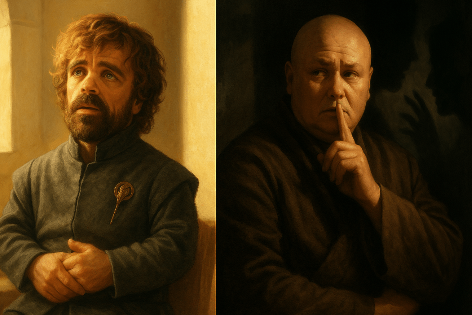 Split-screen image of Tyrion Lannister in a sunlit room symbolizing transparency and empathy, and Varys in shadows representing secrecy and influence. 