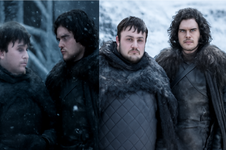 A progression image showing Jon Snow and Samwell Tarly’s growth from young, uncertain men to confident equals. On the left, they appear as hesitant individuals at the Wall, while on the right, they stand together as strong, mature figures, reflecting their friendship's evolution in Game of Thrones. 