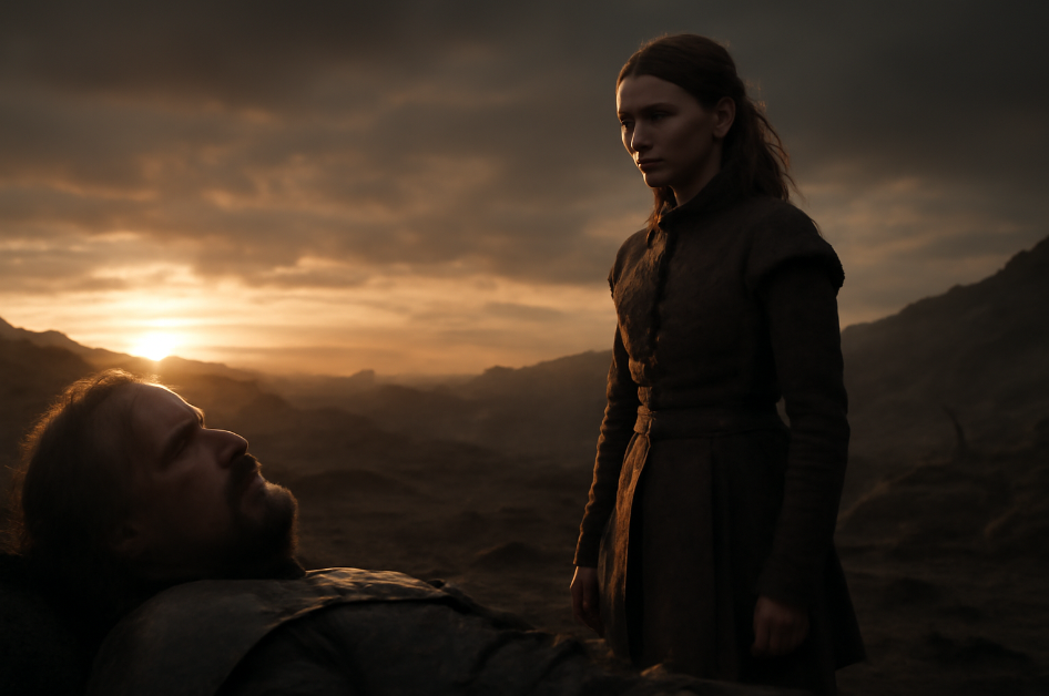 Arya Stark standing solemnly on a desolate battlefield as The Hound lies fatally wounded on the ground, with the setting sun casting long shadows. Arya's expression reflects sorrow and resolve as she turns away, symbolizing her decision to let go of vengeance.

