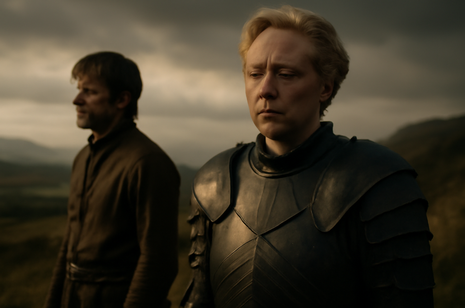 Jaime Lannister standing in the background, looking conflicted and gazing at the horizon, while Brienne of Tarth stands in the foreground with a resolute yet emotionally complex expression. The soft, dramatic lighting and distant landscape symbolize Jaime's internal struggle. 
