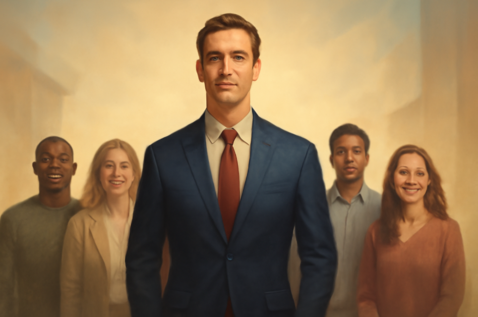 Leader standing tall with a diverse group of individuals behind them, symbolizing trust, accountability, and collaboration in leadership, with a warm, welcoming light.